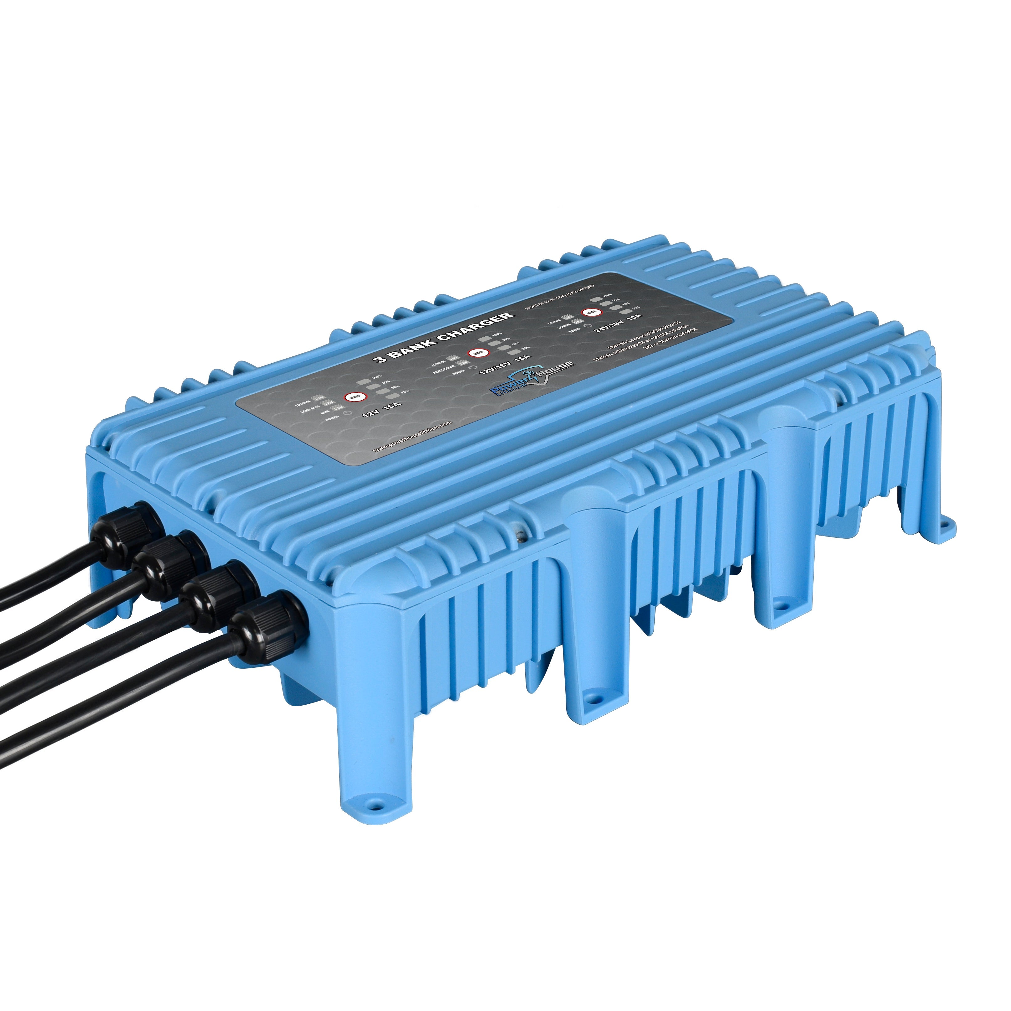 PowerHouse Lithium 12V-(12V-16V)-(24V-36V)WP 3-Bank Waterproof Battery Charger